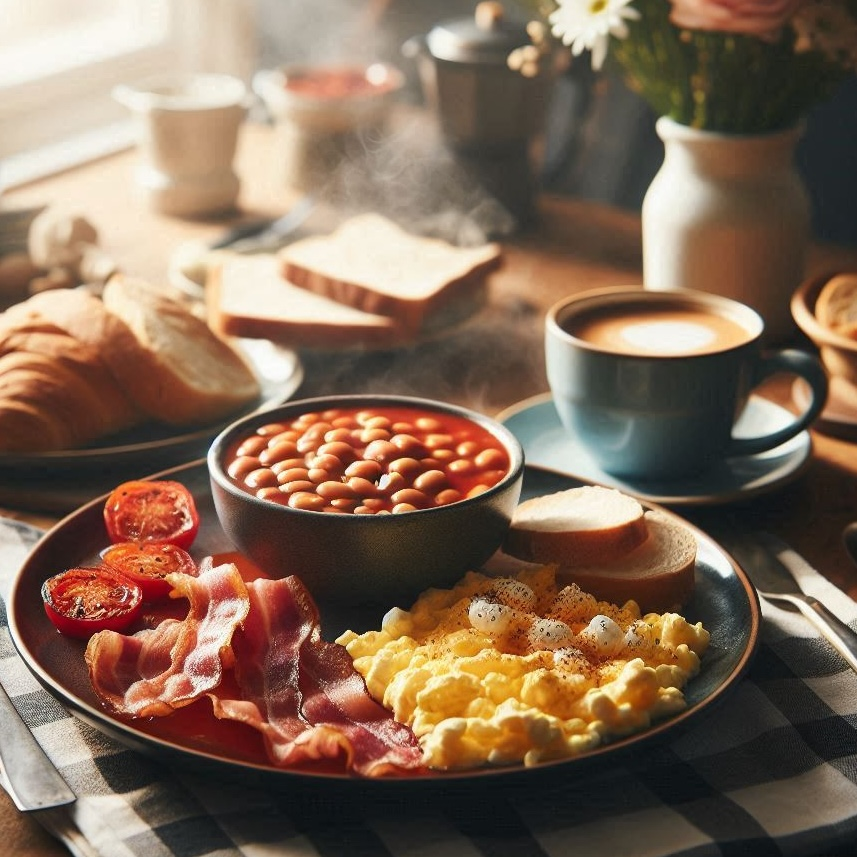Baked Beans, Ei und Speck stehen auf einem Frühstuückstisch