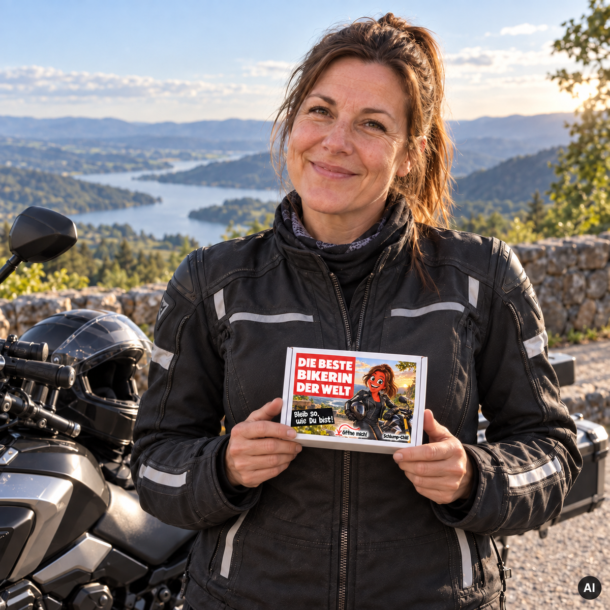 Die beste Bikerin der Welt – Lifestylebild mit kleiner weißer Geschenkbox (ca. A6), KI-generiert