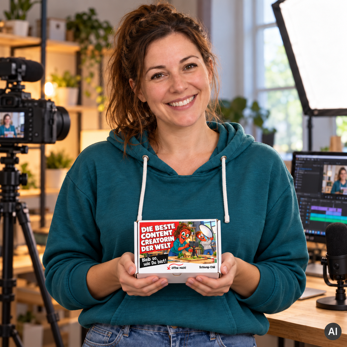 Die beste Content Creatorin der Welt – Lifestylebild mit kleiner weißer Geschenkbox (ca. A6), KI-generiert