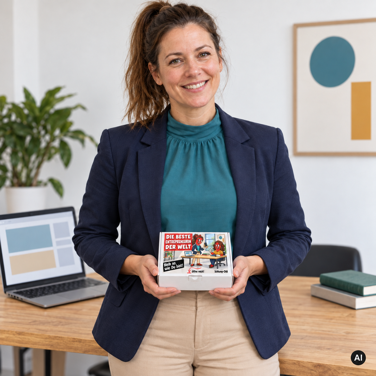 Die beste Entrepreneurin der Welt – Lifestylebild mit kleiner Geschenkbox (AI)