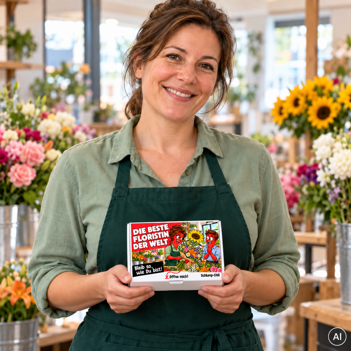 Die beste Floristin der Welt – kleine Geschenkbox in der Hand (AI)
