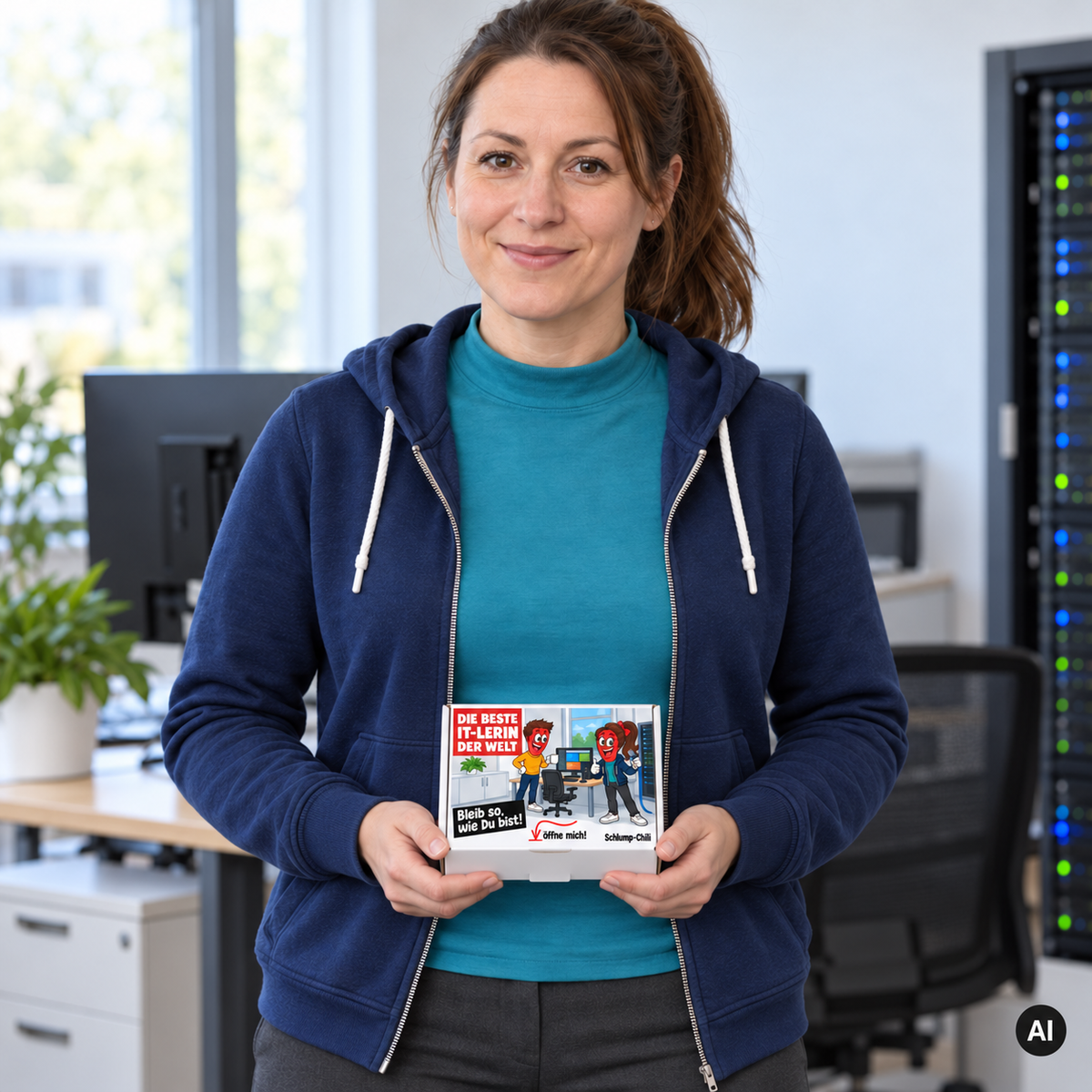 Die beste IT-lerin der Welt – Lifestylebild mit kleiner Geschenkbox (AI)