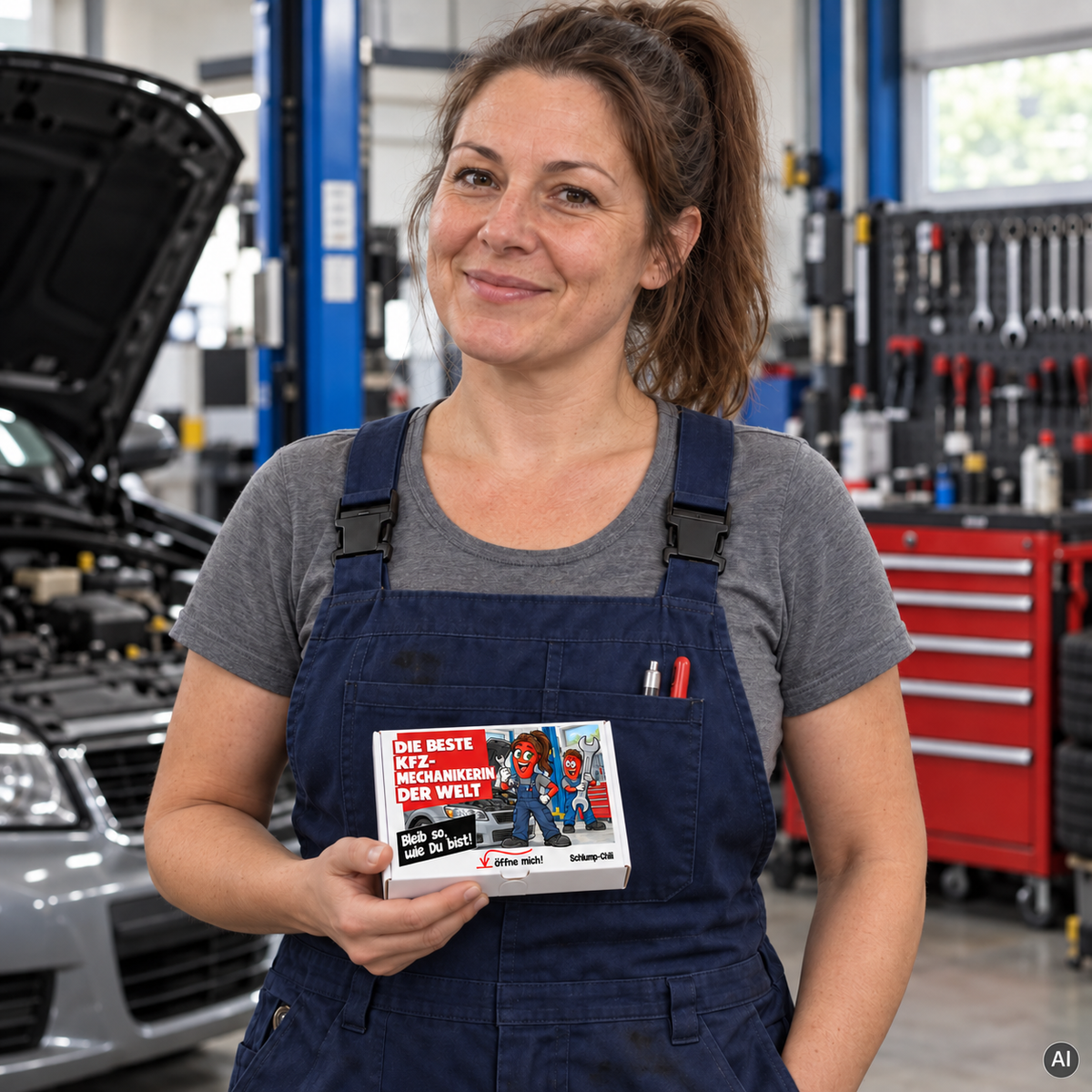 Die beste Kfz-Mechanikerin der Welt – kleine Geschenkbox in der Hand (AI)