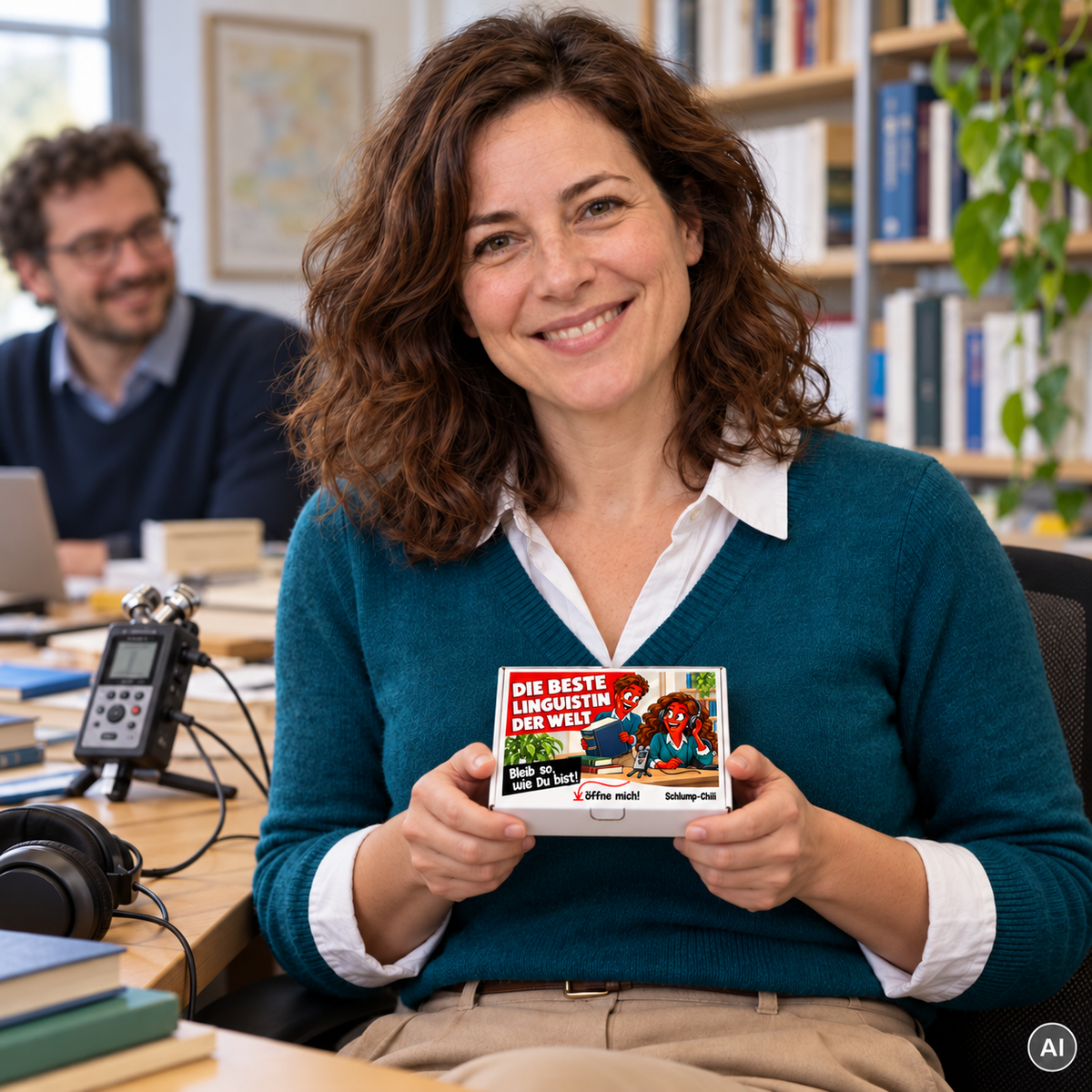 Die beste Linguistin der Welt – kleine Geschenkbox in der Hand (AI)
