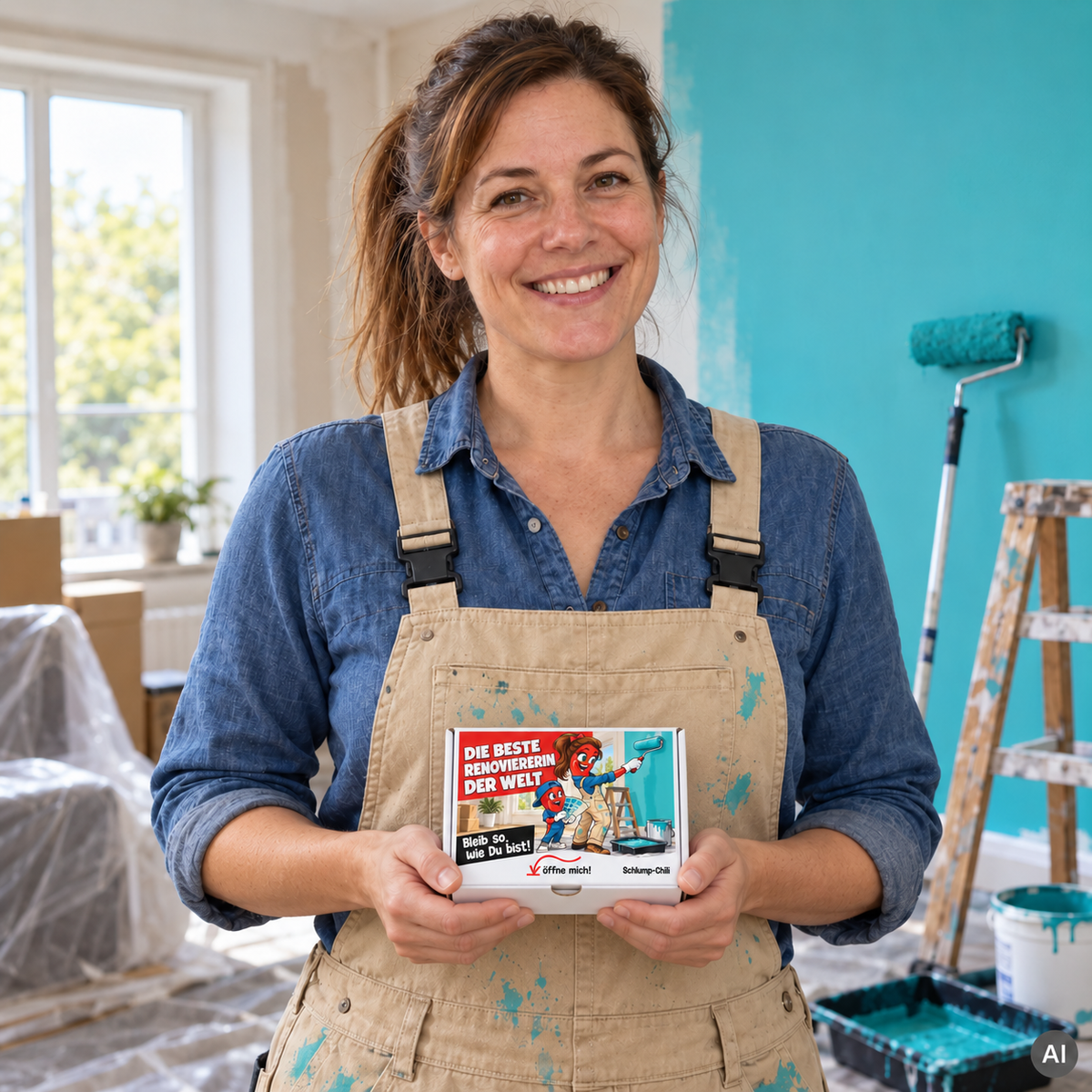 Die beste Renoviererin der Welt – kleine Geschenkbox in der Hand (AI)