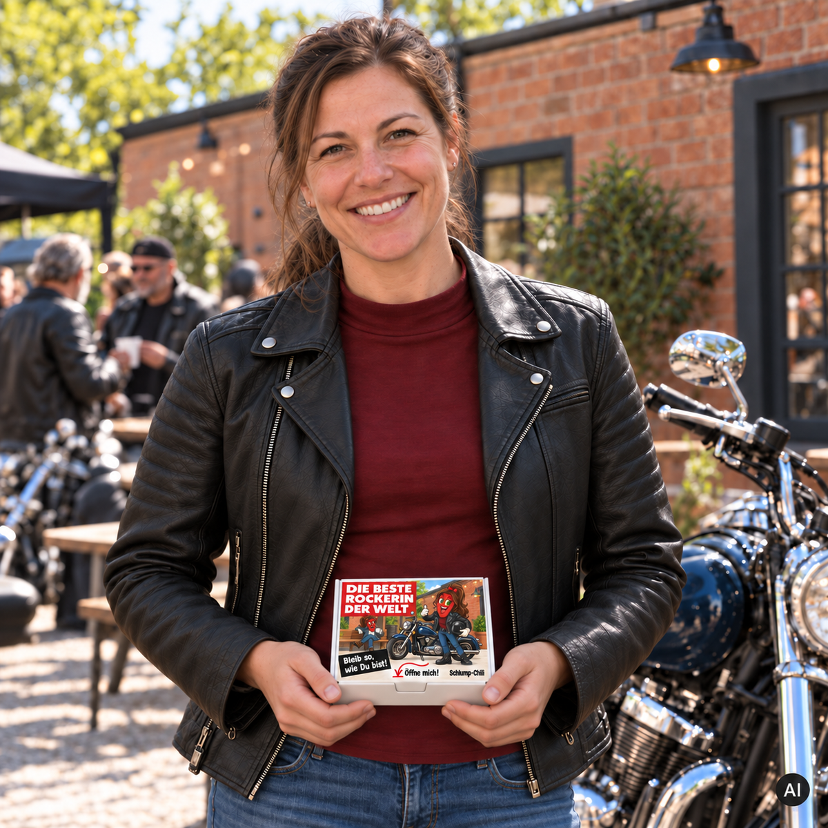 Die beste Rockerin der Welt – Lifestylebild mit kleiner Geschenkbox (AI)