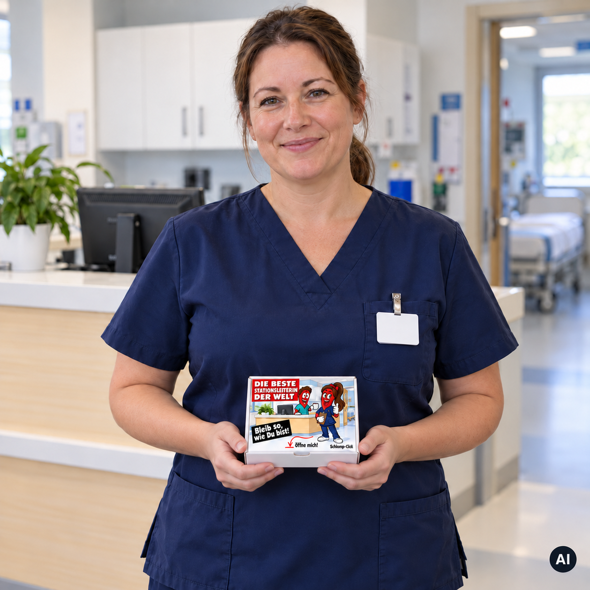 Die beste Stationsleiterin der Welt – Lifestylebild mit kleiner Geschenkbox (AI)