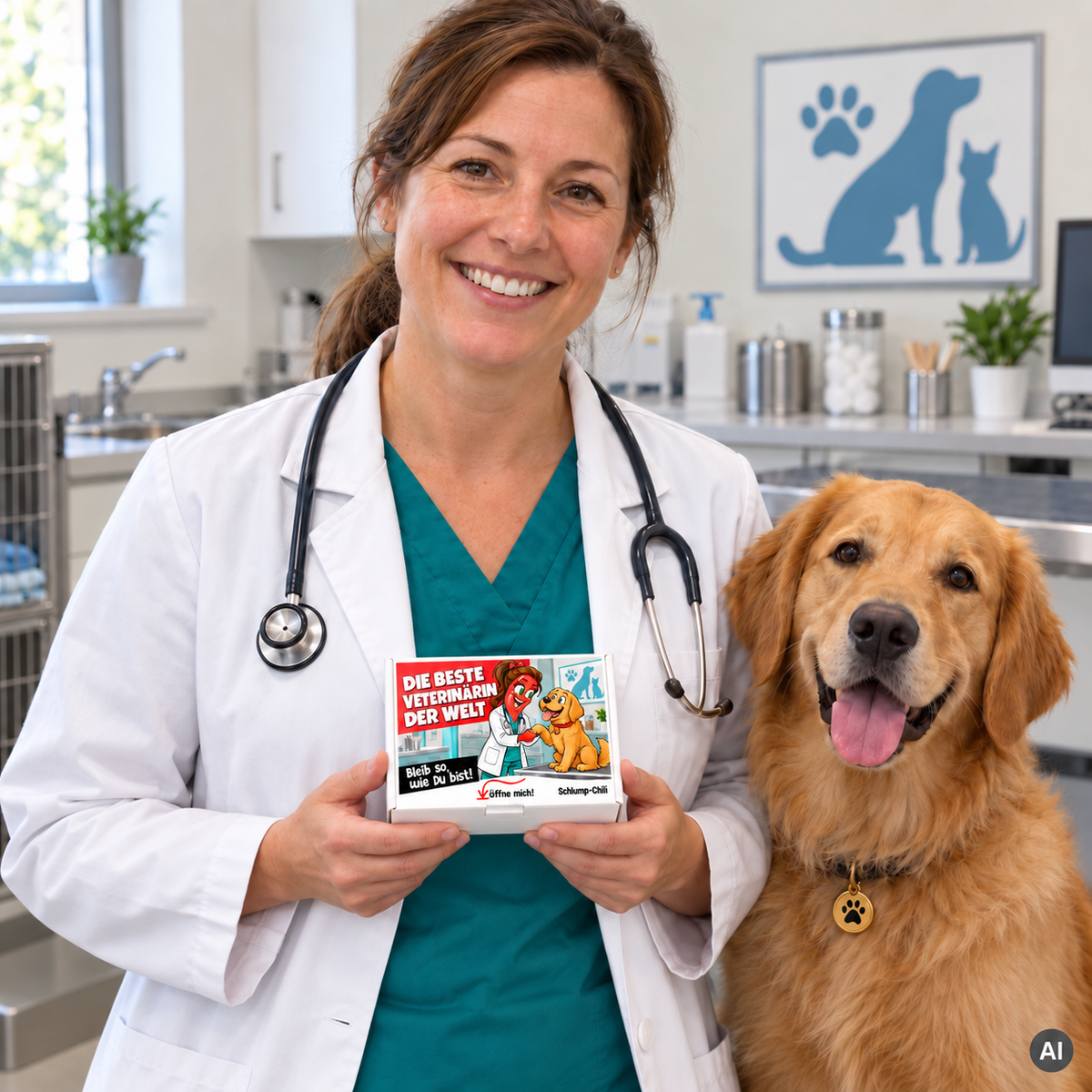 Die beste Veterinärin der Welt – kleine Geschenkbox in der Hand (AI)