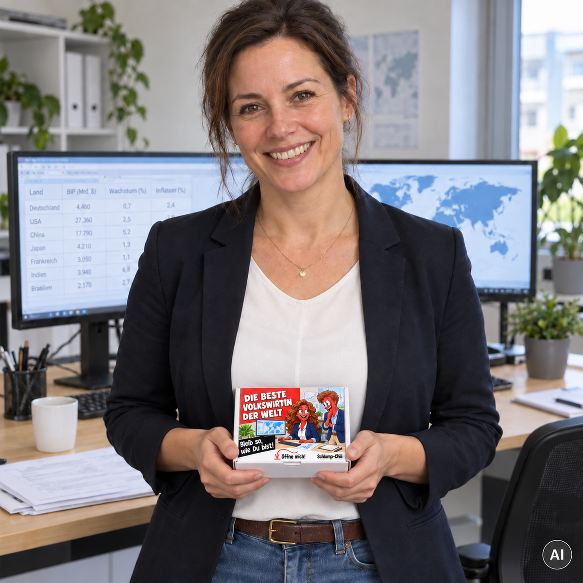 Die beste Volkswirtin der Welt – kleine Geschenkbox in der Hand (AI)