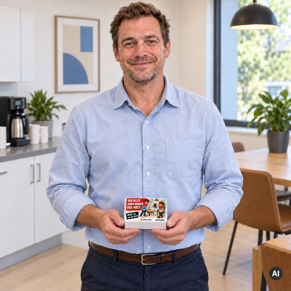 Der beste Arbeitnehmer der Welt – Lifestylebild mit kleiner Geschenkbox (AI)