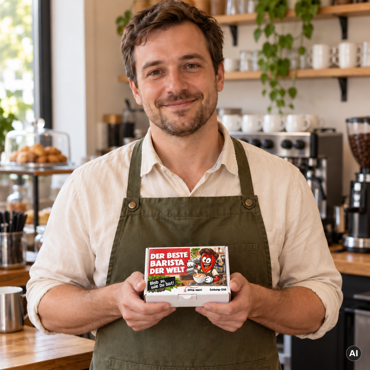 Der beste Barista der Welt – Lifestylebild mit kleiner Geschenkbox (AI)