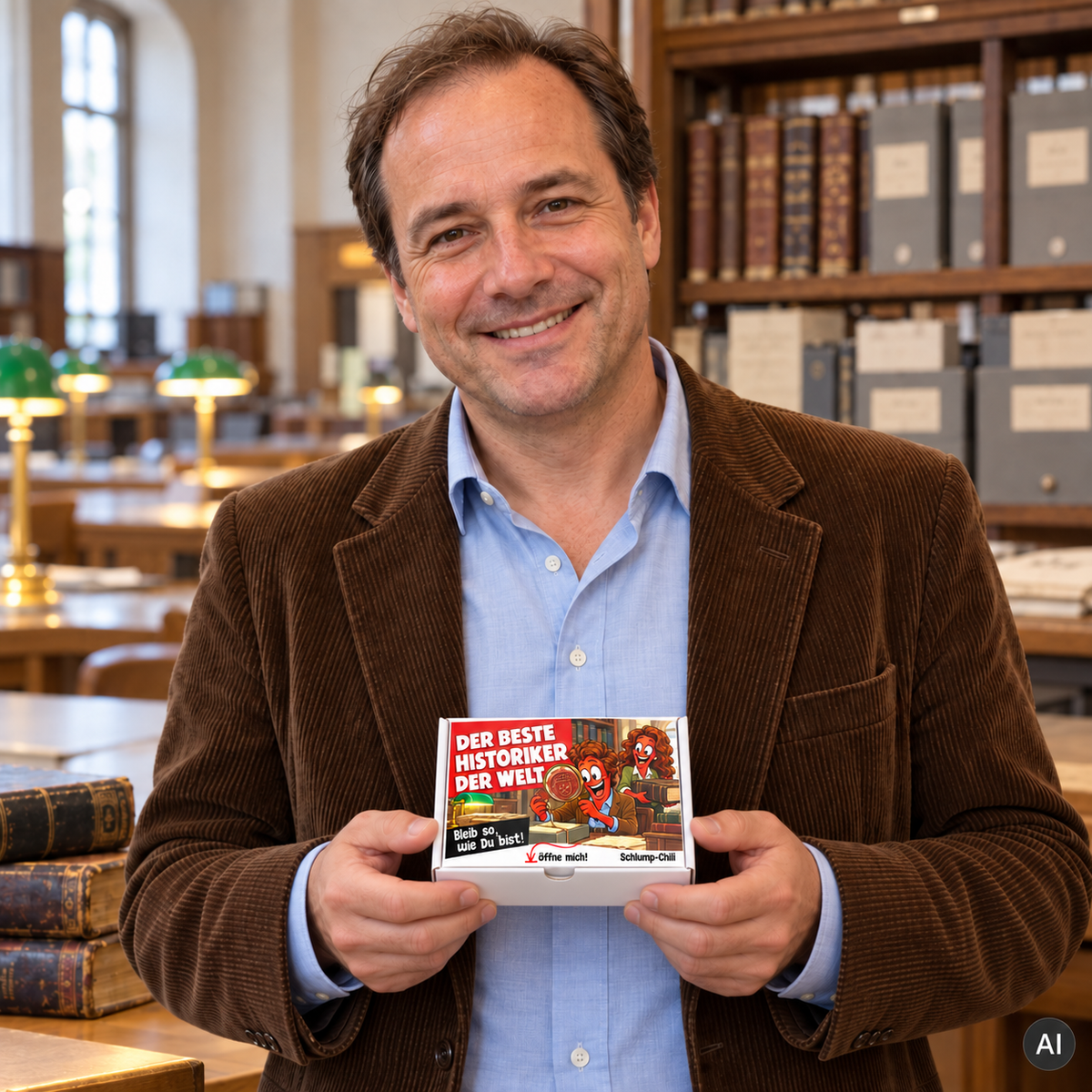 Der beste Historiker der Welt – kleine Geschenkbox in der Hand (AI)