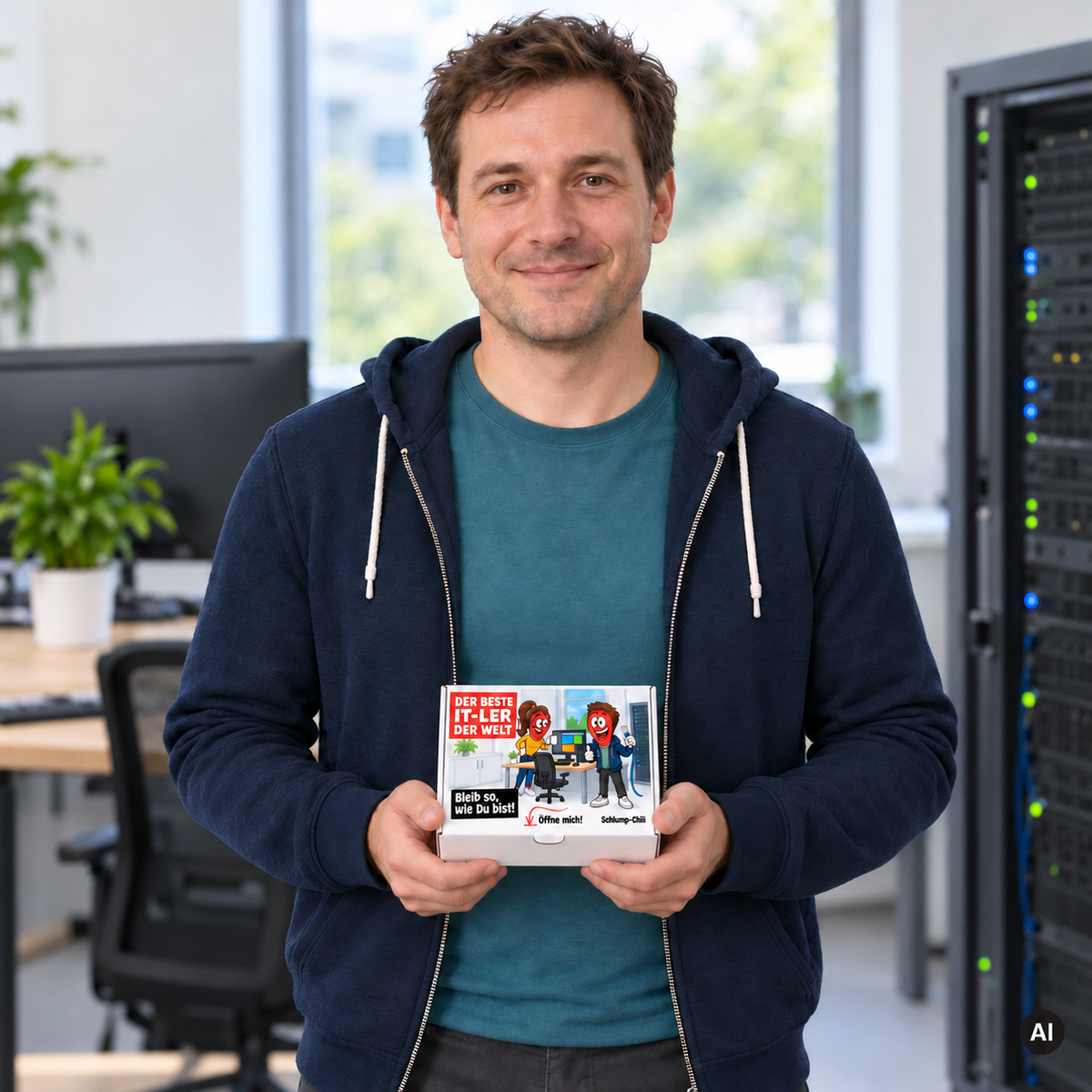 Der beste IT-ler der Welt – Lifestylebild mit kleiner Geschenkbox (AI)