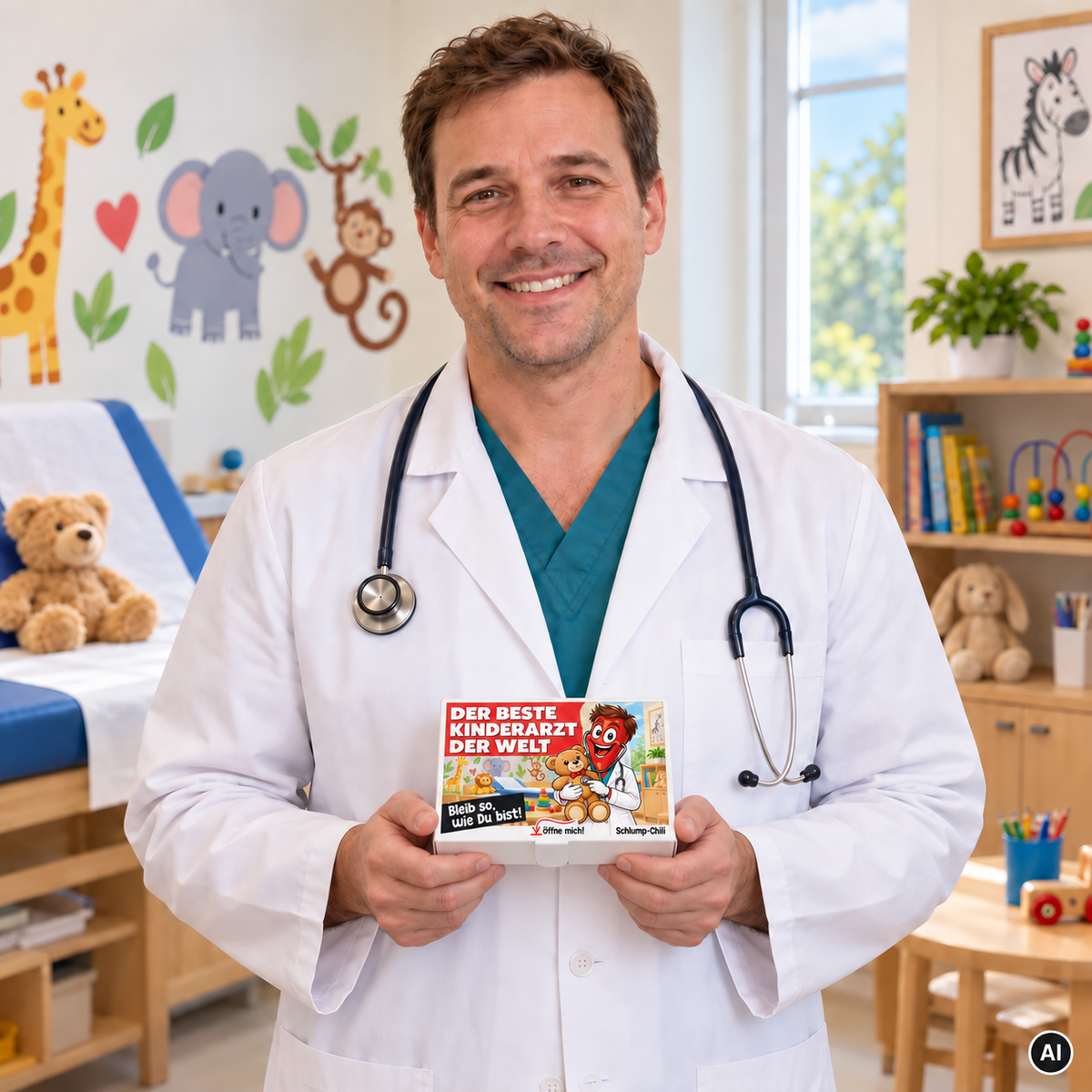 Der beste Kinderarzt der Welt – kleine Geschenkbox in der Hand (AI)
