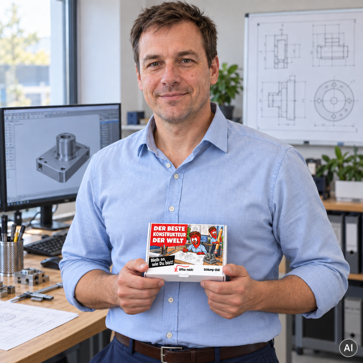 Der beste Konstrukteur der Welt – kleine Geschenkbox in der Hand (AI)