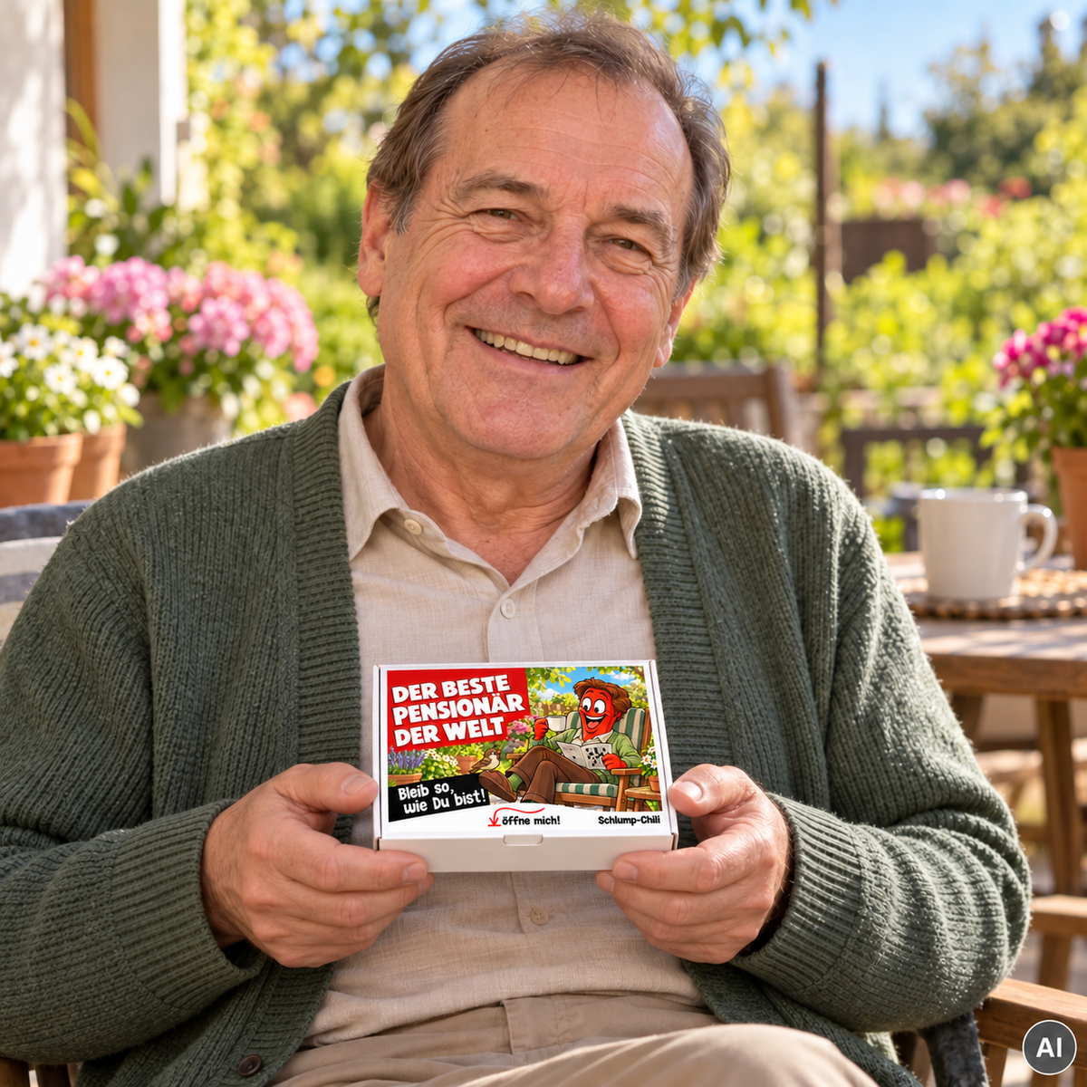 Der beste Pensionär der Welt – kleine Geschenkbox in der Hand (AI)
