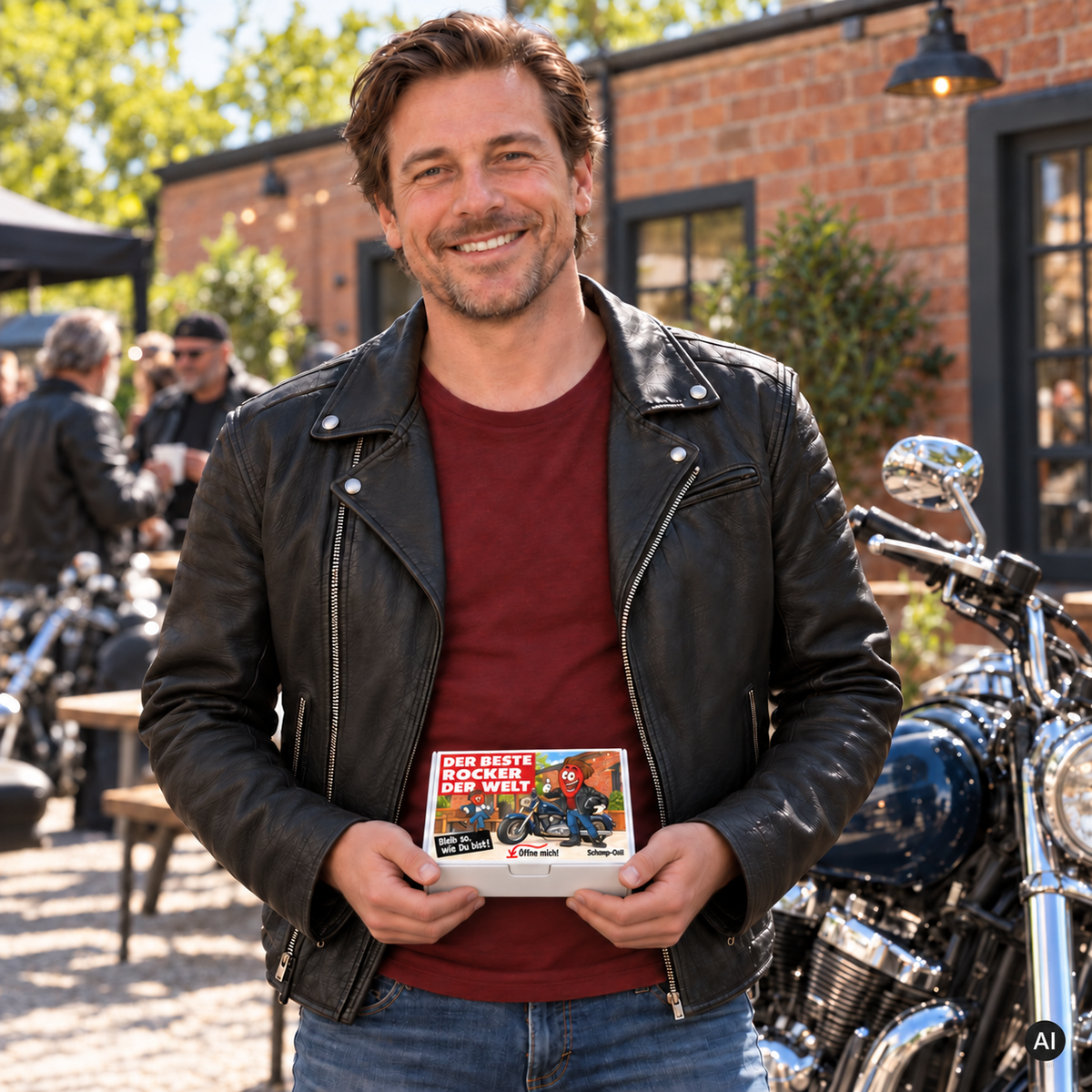 Der beste Rocker der Welt – Lifestylebild mit kleiner Geschenkbox (AI)