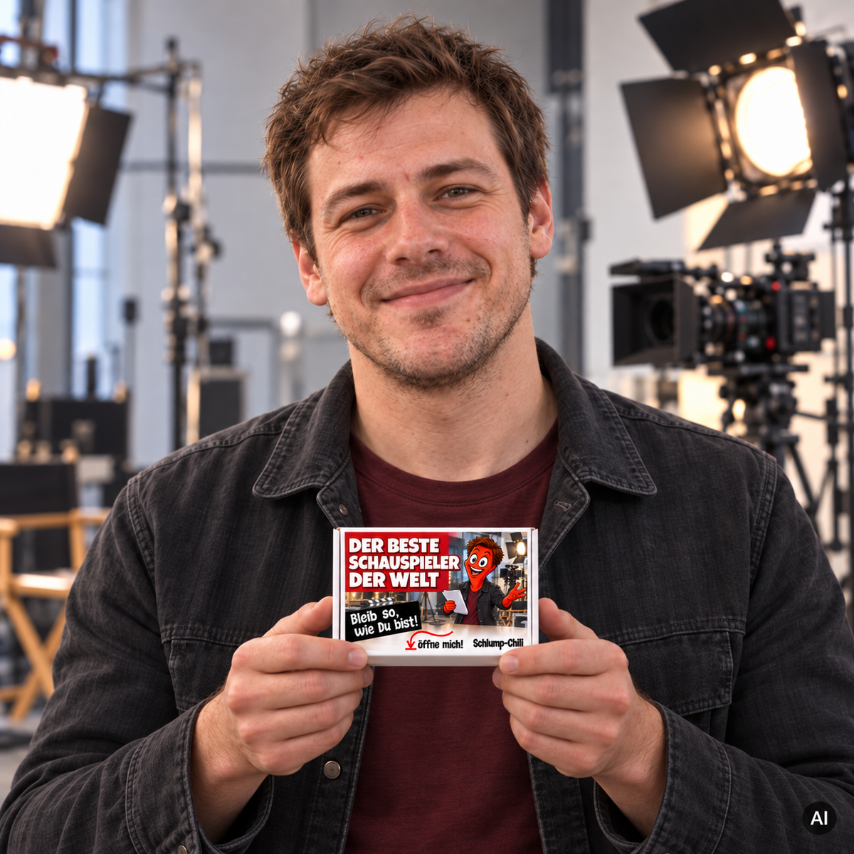 Der beste Schauspieler der Welt – kleine Geschenkbox in der Hand (AI)