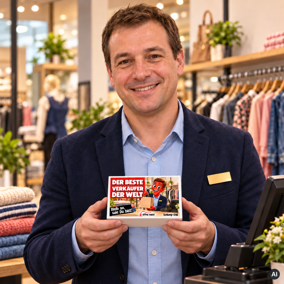 Der beste Verkäufer der Welt – kleine Geschenkbox in der Hand (AI)