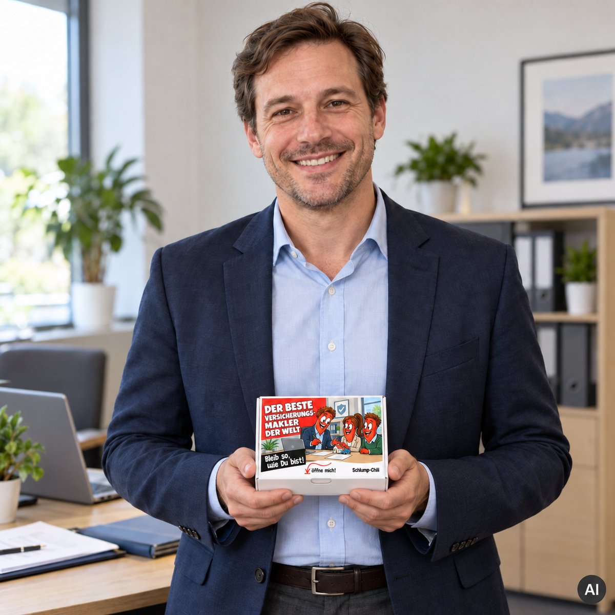 Der beste Versicherungsmakler der Welt – kleine Geschenkbox in der Hand (AI)