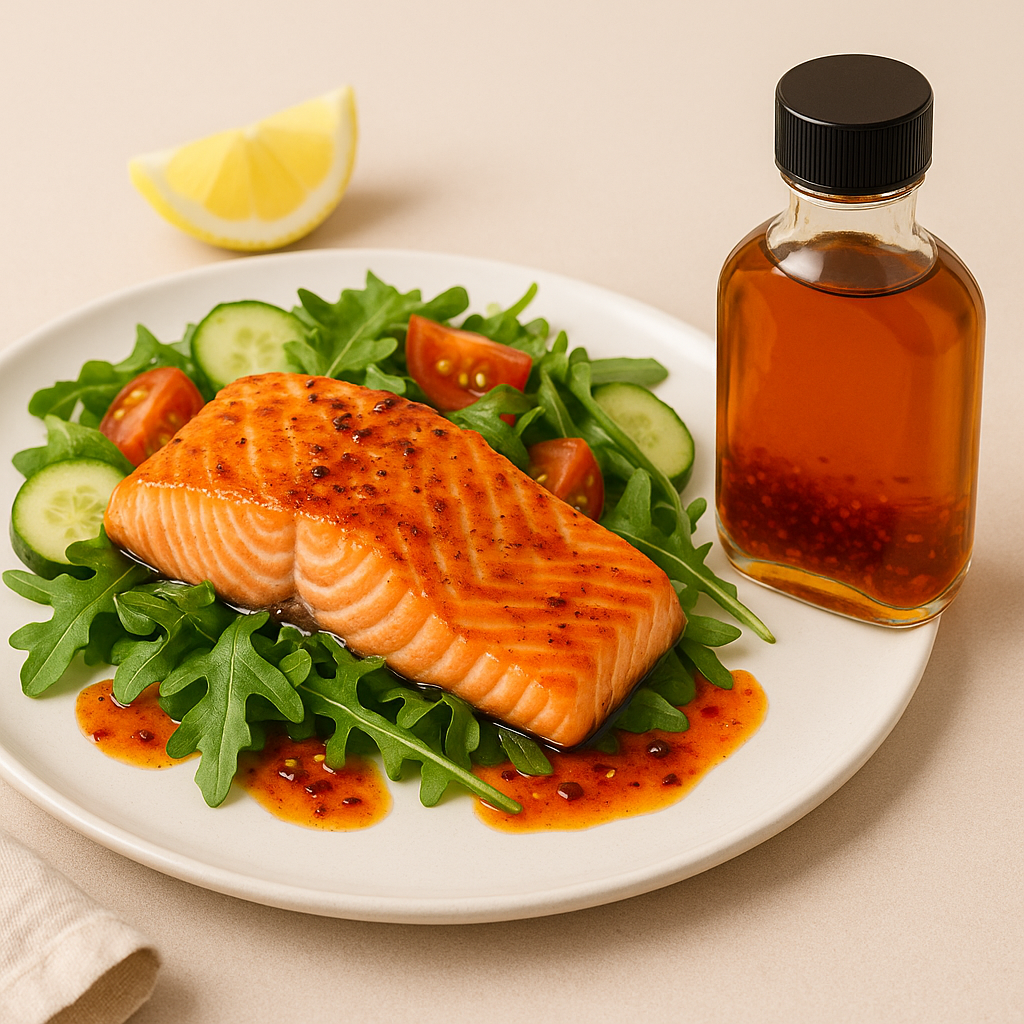 Lachs auf Salatbett mit Chiliöl