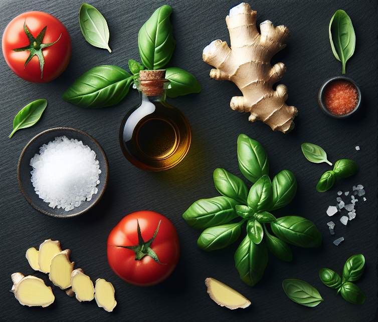 Tomate Ingwer Basilikum Salz und Öl