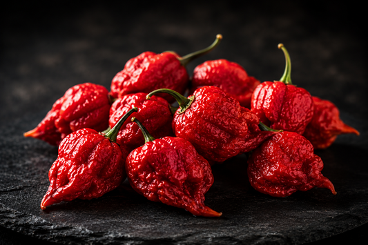 Frische rote Carolina Reaper Chilis auf dunklem Hintergrund