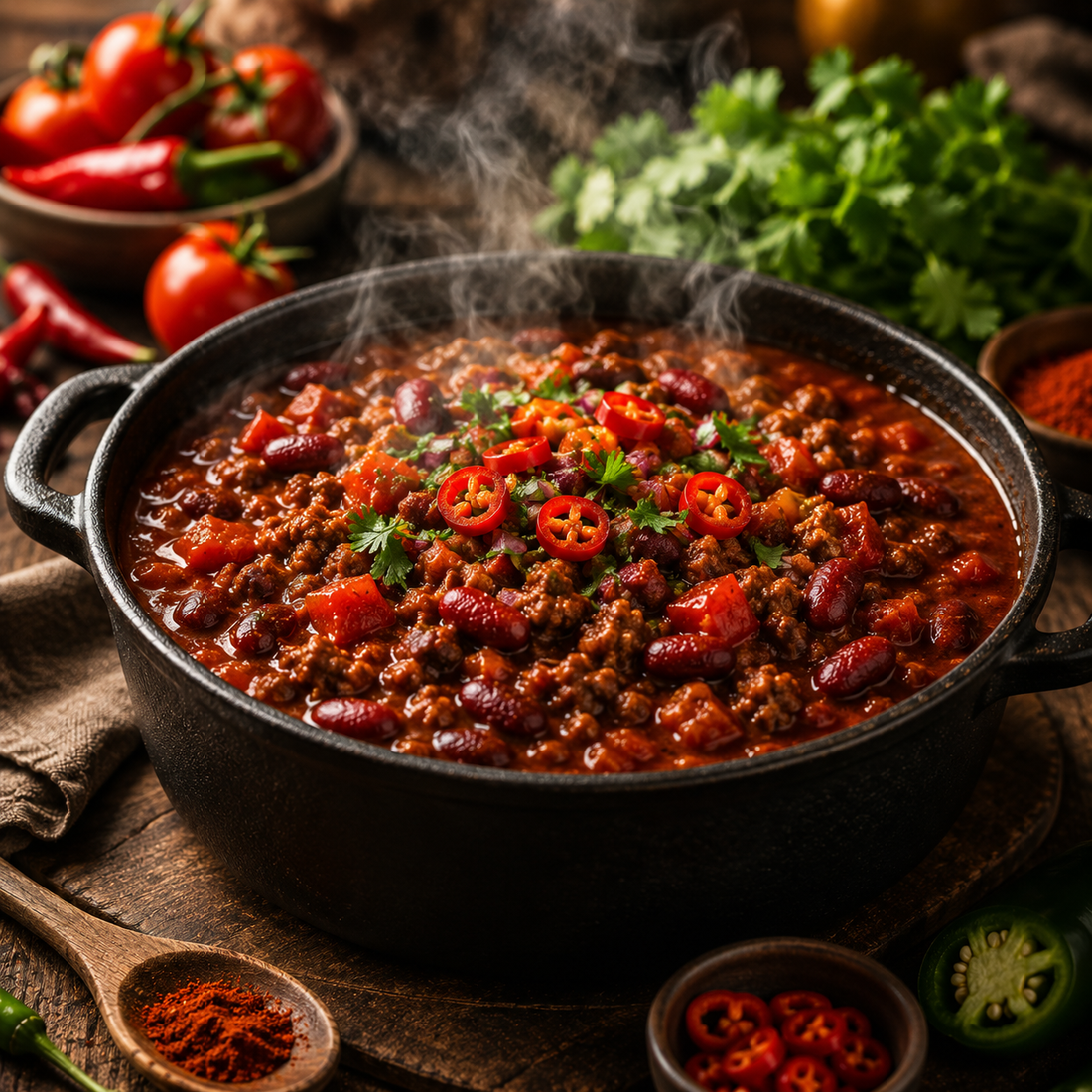 Dampfendes Chili con Carne mit Kidneybohnen, Hackfleisch, Tomaten und frischen Chilis