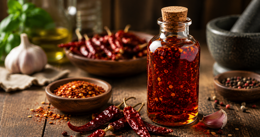 Chiliöl mit getrockneten Chilis und Gewürzen auf einem rustikalen Holztisch
