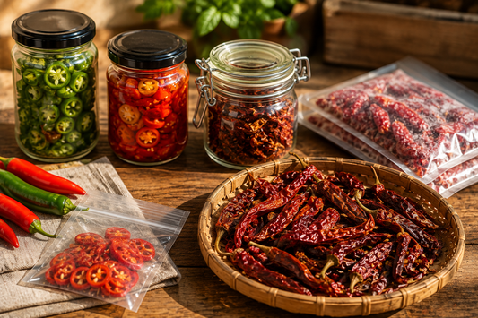 Frische, eingelegte und getrocknete Chilis zum Haltbarmachen und Lagern