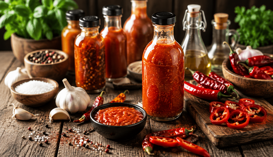 Selbstgemachte Chilisaucen in Flaschen mit frischen Chilis und Zutaten auf rustikalem Holztisch