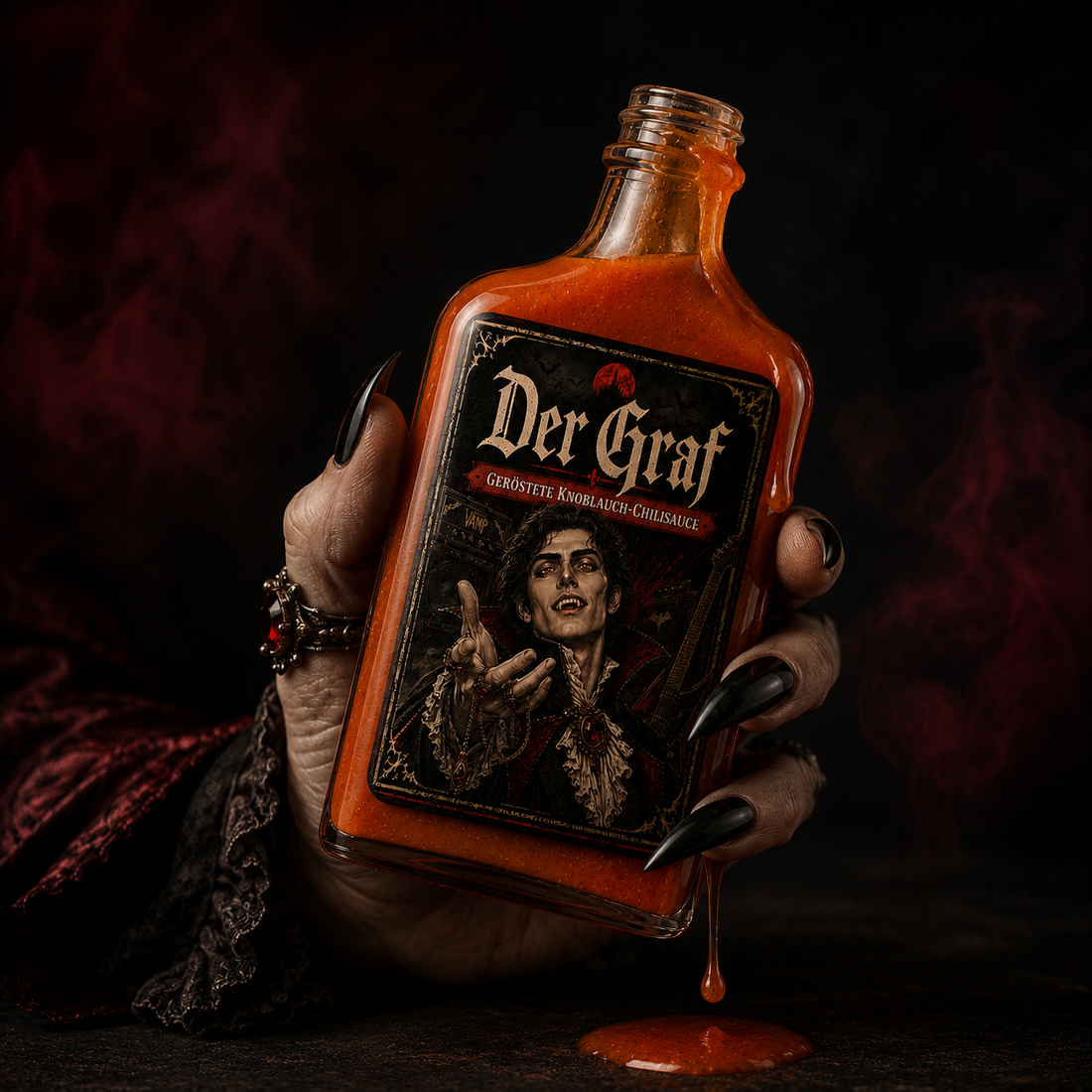 Der Graf – geröstete Knoblauch-Chili-Soße im Vampir-Motiv