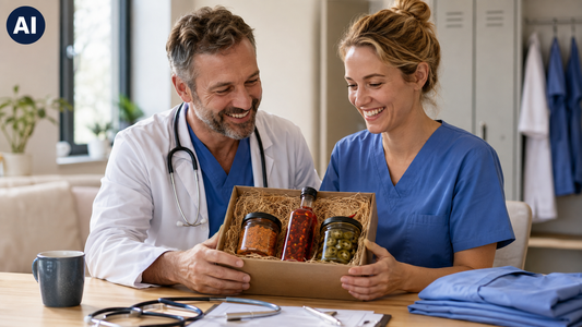 Arzt und Pflegekraft mit Chili-Geschenkset als originelles Dankeschön
