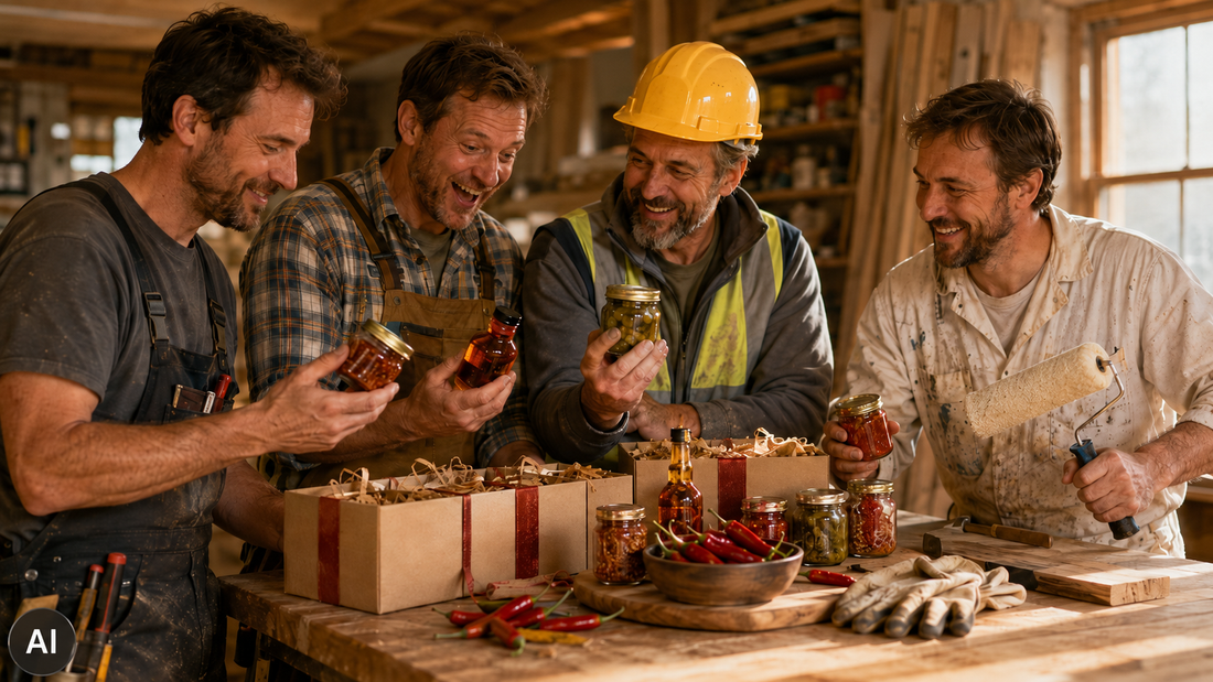 Geschenke für Handwerker mit Chili-Spezialitäten in einer Werkstatt