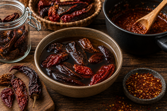 Getrocknete Chilis beim Einweichen und Verarbeiten in der Küche