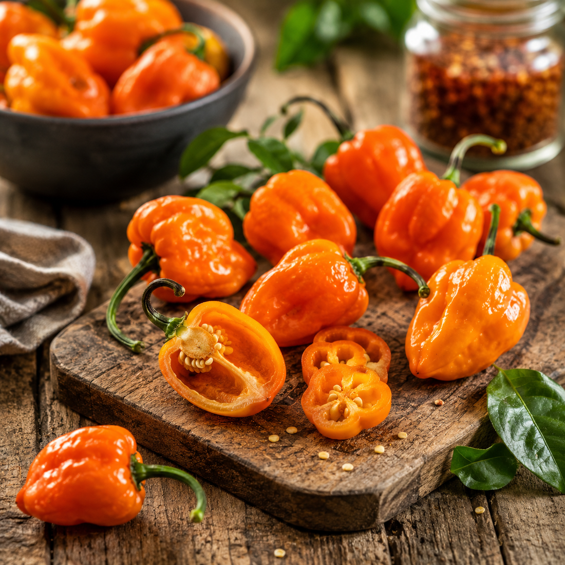 Orange Habanero Chilis auf einem Holzbrett als Titelbild zu Schärfe, Geschmack und Verwendung