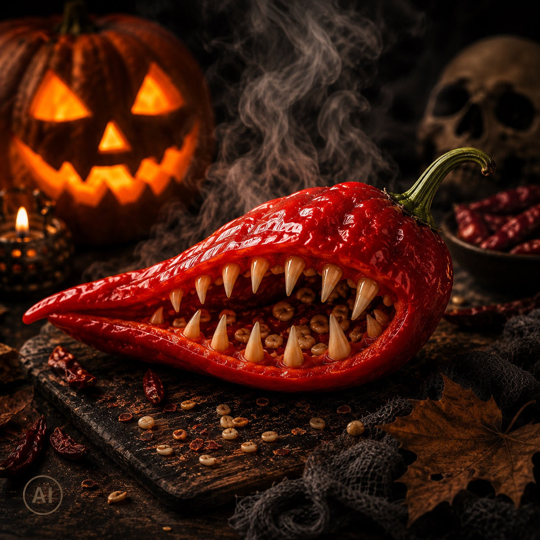 Halloween-Szene mit roter Chili als Monster, leuchtendem Kürbis und Totenkopf