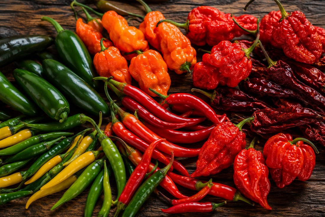 Verschiedene scharfe Chilis von Jalapeño bis Carolina Reaper im Vergleich