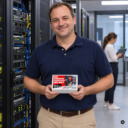Der schärfste Administrator der Welt – Lifestylebild mit kleiner A6-Geschenkschachtel