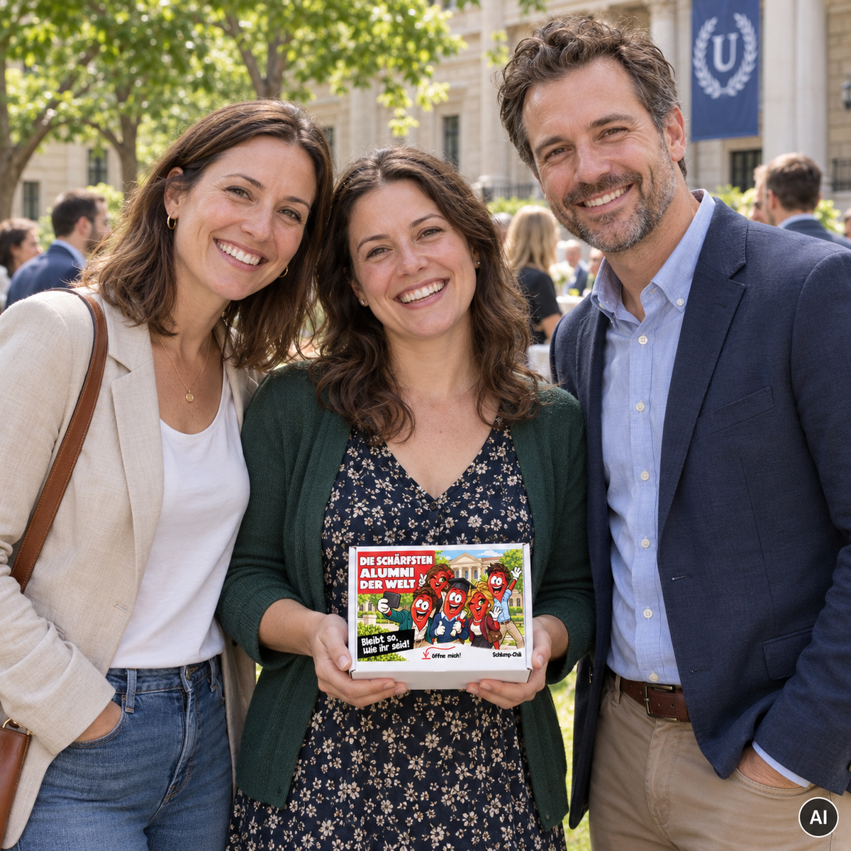 Die schärfsten Alumni der Welt – Lifestylebild mit kleiner Geschenkbox (AI)