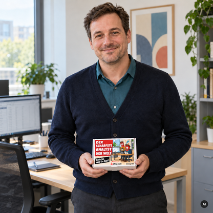 Der schärfste Analyst der Welt – Lifestylebild mit kleiner Geschenkbox (AI)