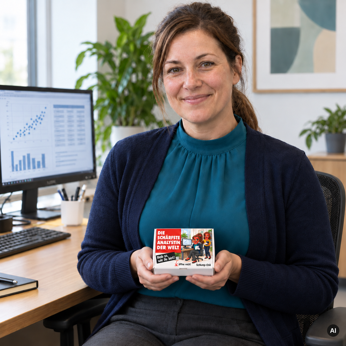Die schärfste Analystin der Welt – Lifestylebild mit kleiner Geschenkbox (AI)