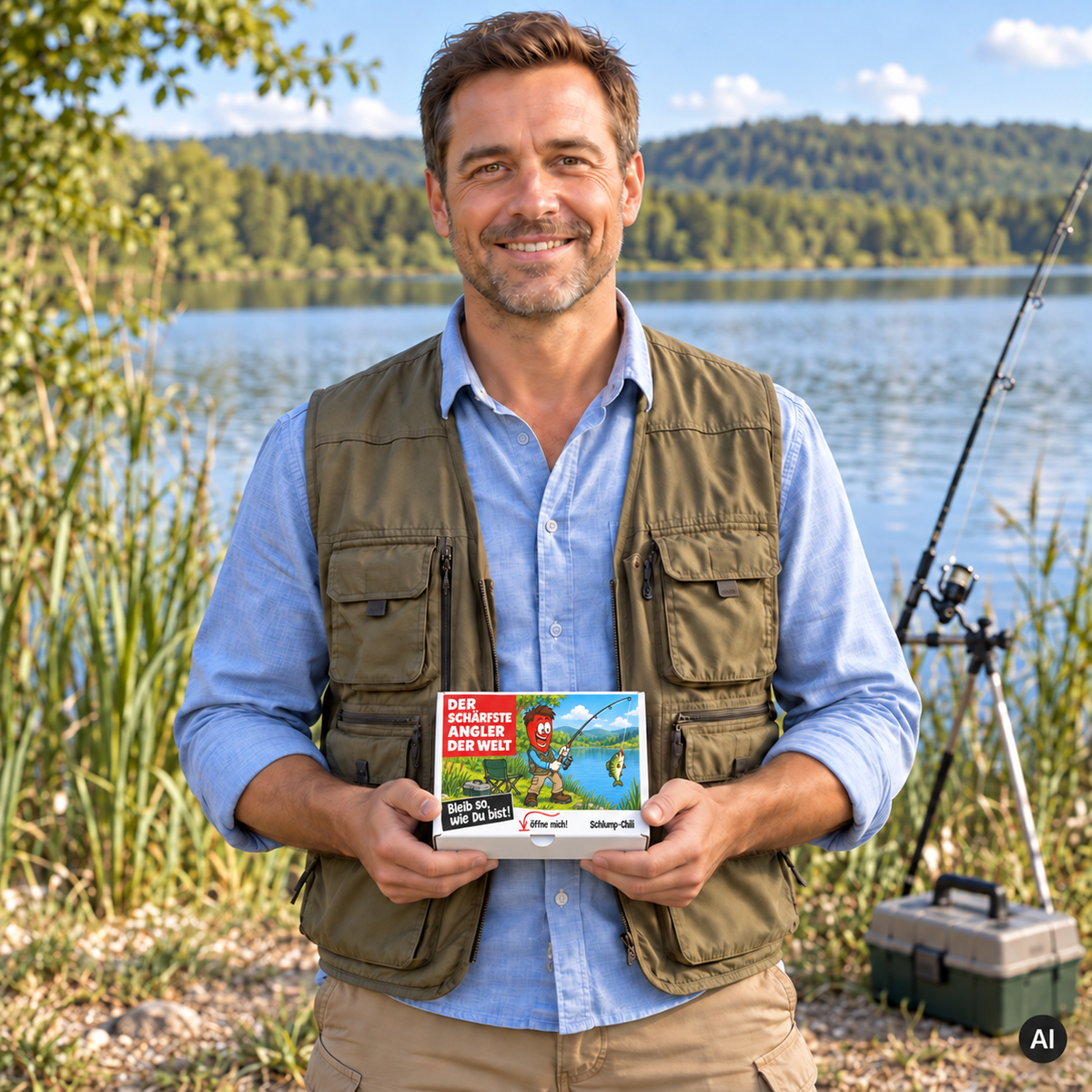 Der schärfste Angler der Welt – Lifestylebild mit kleiner A6-Geschenkschachtel