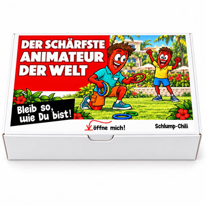Der schärfste Animateur der Welt – Geschenkbox Vorderansicht