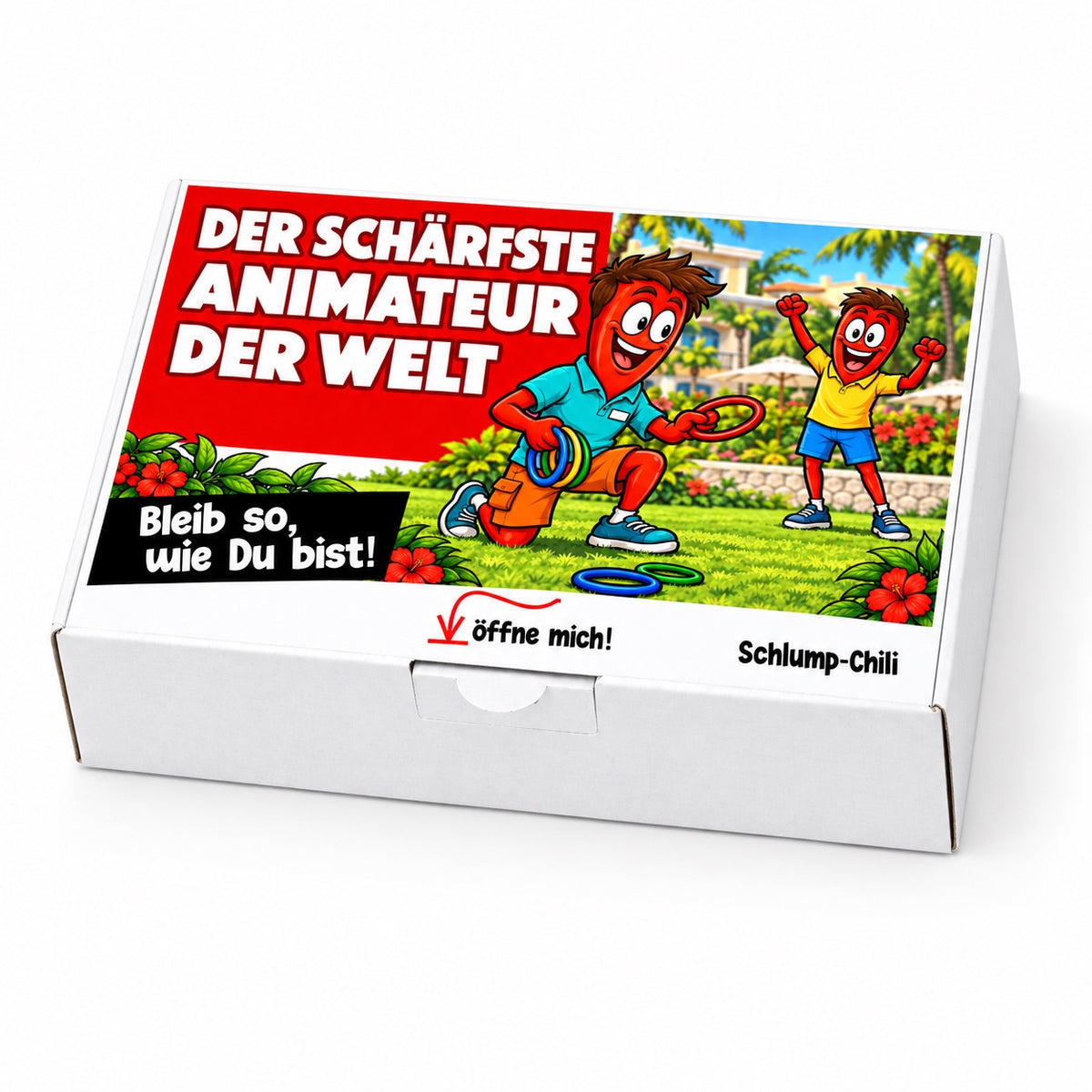 Der schärfste Animateur der Welt – Geschenkbox Schrägansicht