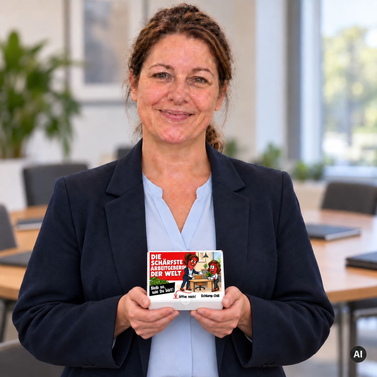 Die schärfste Arbeitgeberin der Welt – Lifestylebild mit kleiner Geschenkbox (AI)