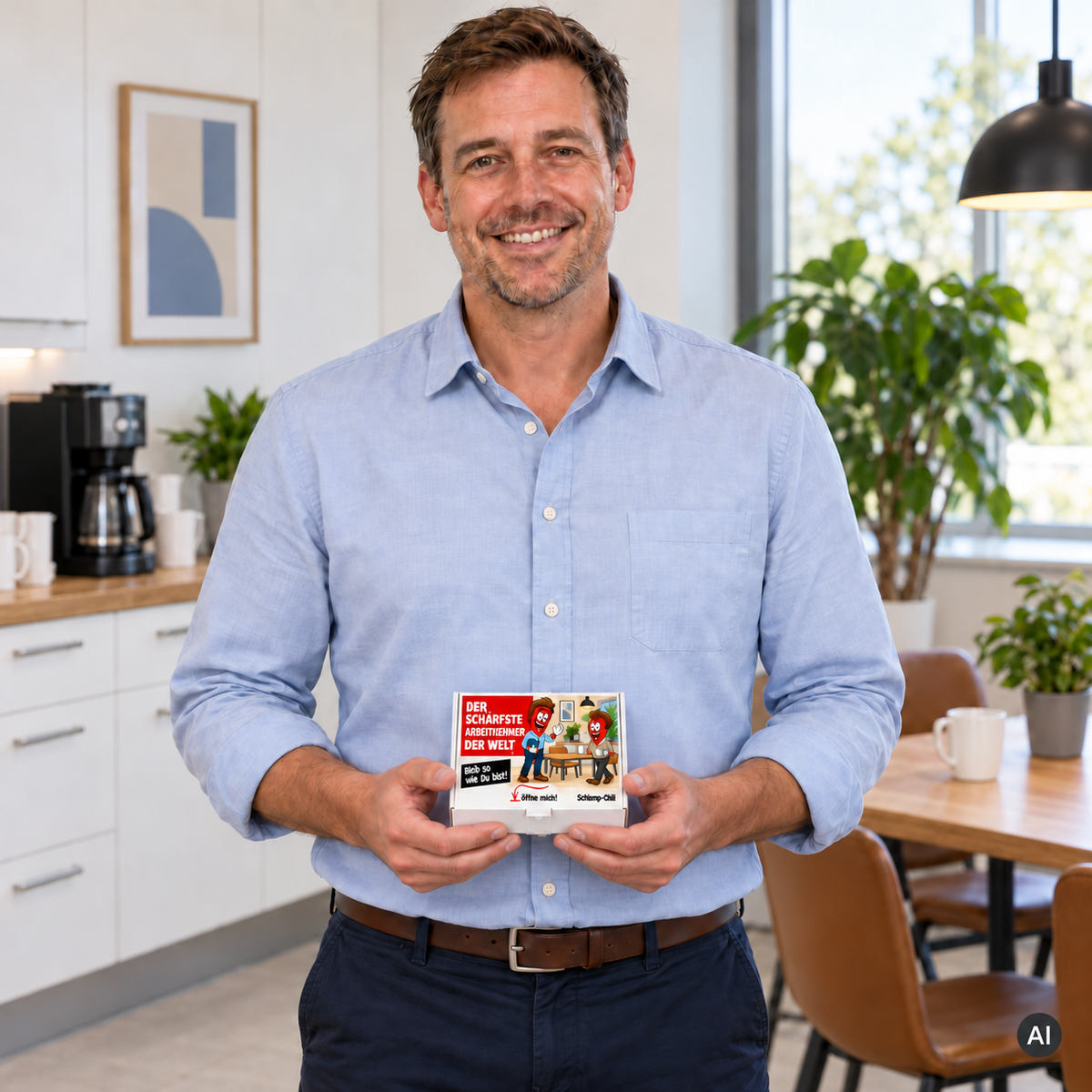Der schärfste Arbeitnehmer der Welt – Lifestylebild mit kleiner Geschenkbox (AI)