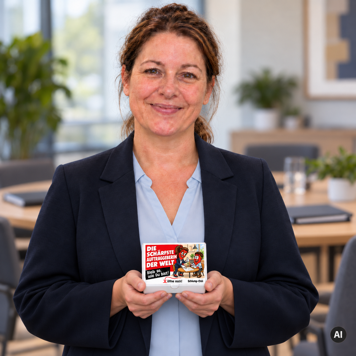 Die schärfste Auftraggeberin der Welt – Lifestylebild mit kleiner Geschenkbox (AI)