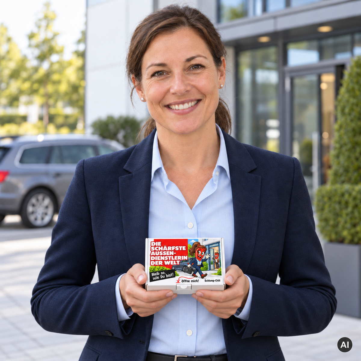 Die schärfste Außendienstlerin der Welt – Lifestylebild mit kleiner Geschenkbox (AI)
