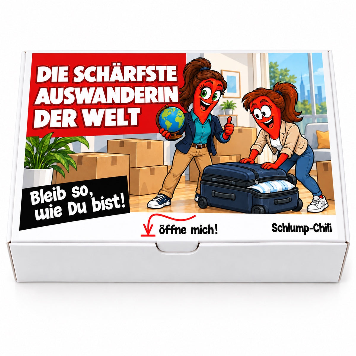 Die schärfste Auswanderin der Welt – Geschenkbox Vorderansicht